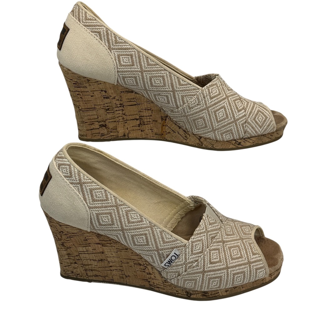TOMS Strappy Cork Wedge Sandals Sz 7 Beige Ikat Canvas Peep Toe Espadrille Boho‎